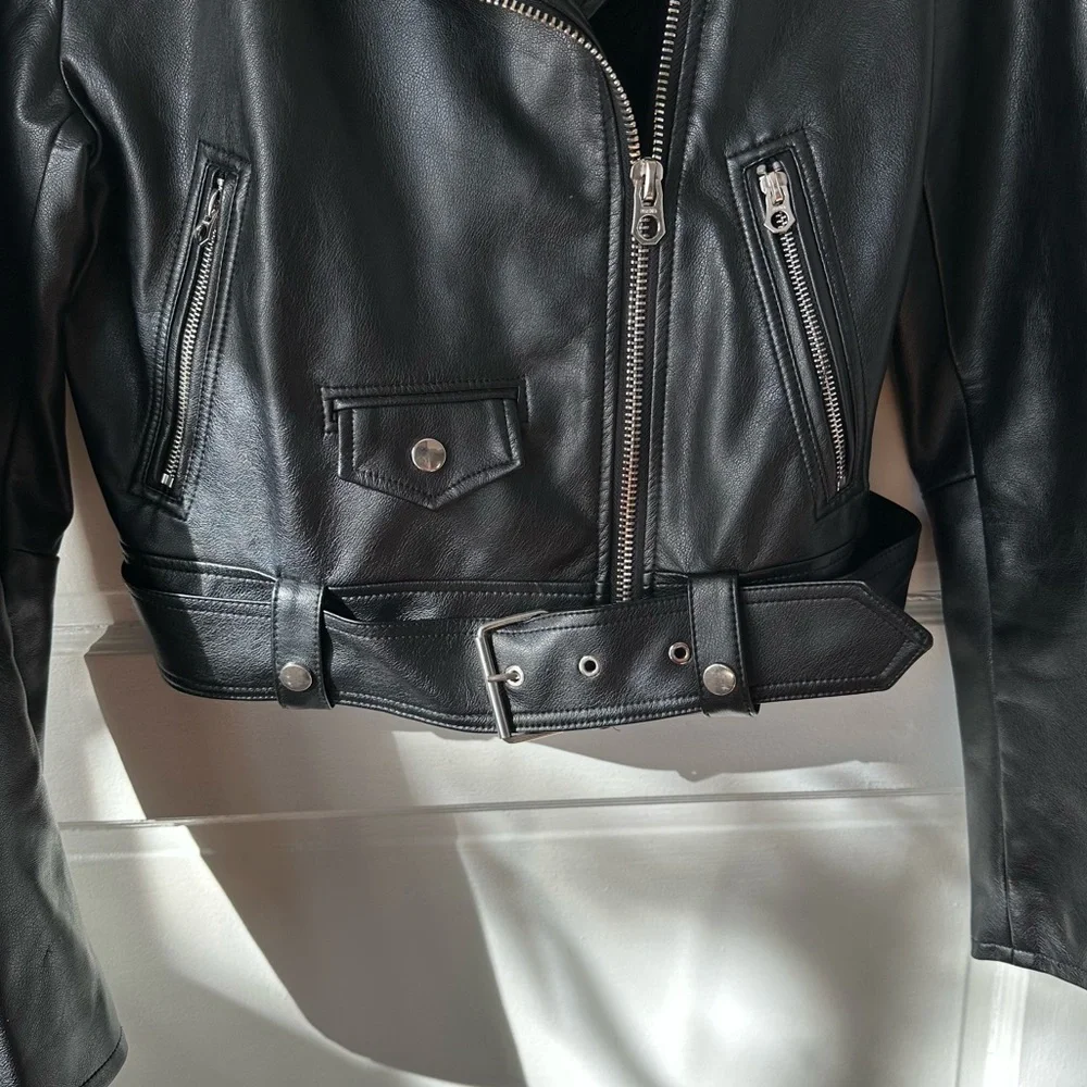 Bershka Black Faux Leather Biker Moto Jacket‎ Full Zip Grunge Lg NWOT - Picture 7 of 15